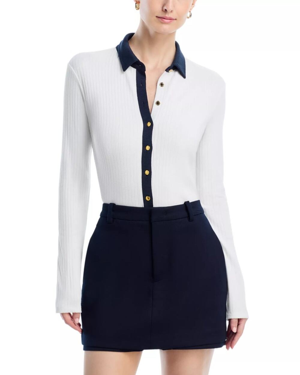 Rag & Bone Women White/Navy Rayon Blend Rib Knit Contrast Polo Top Size XS